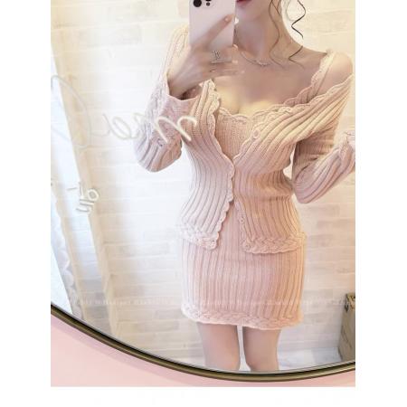 FA44974# 韩版淑女针织套装裙女秋季修身包臀连衣裙短款小开衫两件套高级感 服裝批發女裝批發服飾貨源