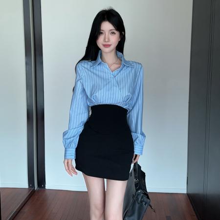 FA44981# 纯欲辣妹V领条纹衬衫休闲职业衬衣套装高腰鱼骨西装包臀短裙 服裝批發女裝批發服飾貨源