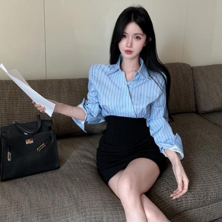 FA44981# 纯欲辣妹V领条纹衬衫休闲职业衬衣套装高腰鱼骨西装包臀短裙 服裝批發女裝批發服飾貨源
