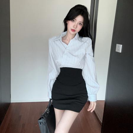 FA44981# 纯欲辣妹V领条纹衬衫休闲职业衬衣套装高腰鱼骨西装包臀短裙 服裝批發女裝批發服飾貨源