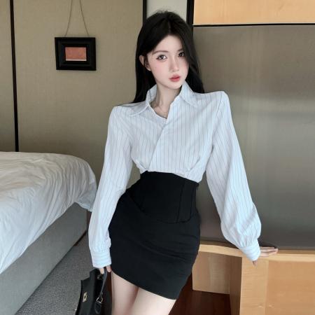 FA44981# 纯欲辣妹V领条纹衬衫休闲职业衬衣套装高腰鱼骨西装包臀短裙 服裝批發女裝批發服飾貨源