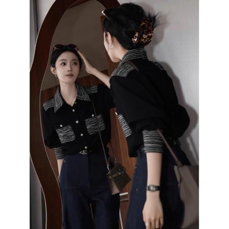 FA44982# 法式气质翻领黑色拼接长袖衬衫女设计感秋冬独特漂亮绝美正肩上衣 服裝批發女裝批發服飾貨源