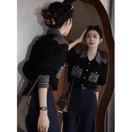 FA44982# 法式气质翻领黑色拼接长袖衬衫女设计感秋冬独特漂亮绝美正肩上衣 服裝批發女裝批發服飾貨源