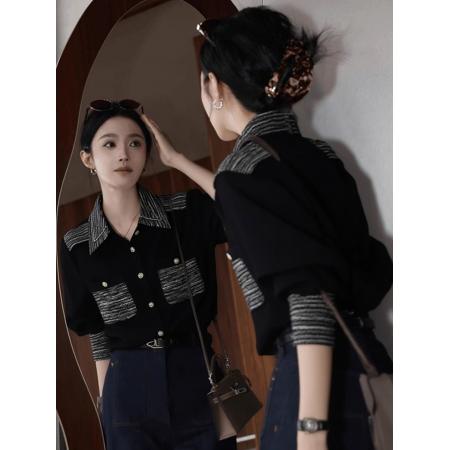 FA44982# 法式气质翻领黑色拼接长袖衬衫女设计感秋冬独特漂亮绝美正肩上衣 服裝批發女裝批發服飾貨源