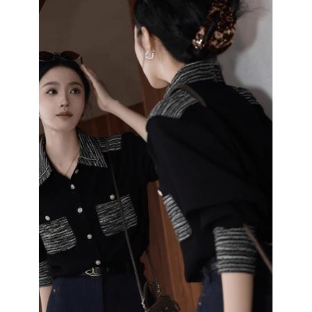 FA44982# 法式气质翻领黑色拼接长袖衬衫女设计感秋冬独特漂亮绝美正肩上衣 服裝批發女裝批發服飾貨源