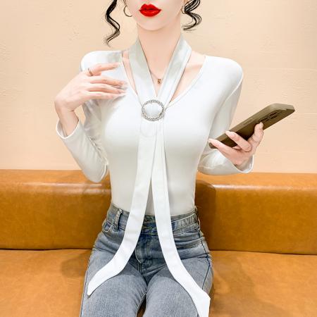 FA44983# 设计感小众飘带上衣V领内搭打底秋冬磨毛绒法式气质女装 服裝批發女裝批發服飾貨源
