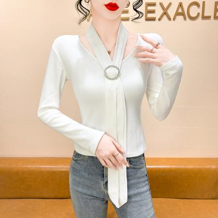 FA44983# 设计感小众飘带上衣V领内搭打底秋冬磨毛绒法式气质女装 服裝批發女裝批發服飾貨源