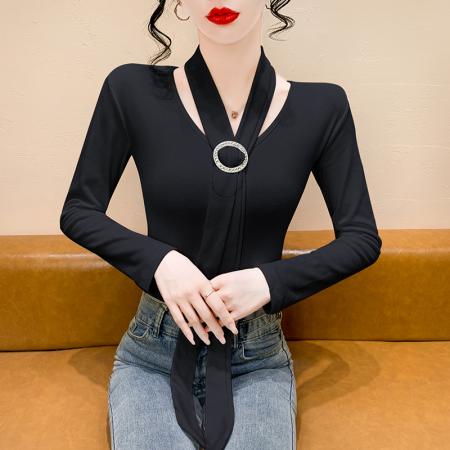 FA44983# 设计感小众飘带上衣V领内搭打底秋冬磨毛绒法式气质女装 服裝批發女裝批發服飾貨源