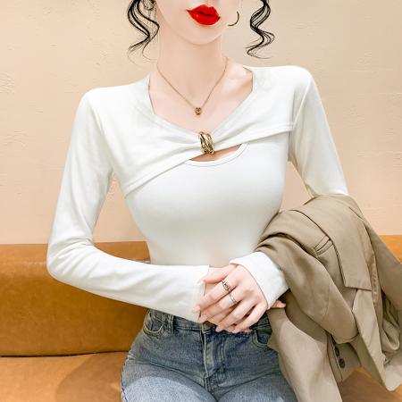 FA44985# 东大门秋季新款抓毛女装流光风金属扣扭结长袖T恤上衣 服裝批發女裝批發服飾貨源