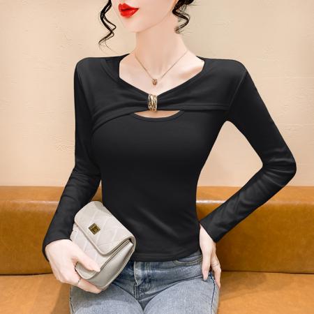 FA44985# 东大门秋季新款抓毛女装流光风金属扣扭结长袖T恤上衣 服裝批發女裝批發服飾貨源