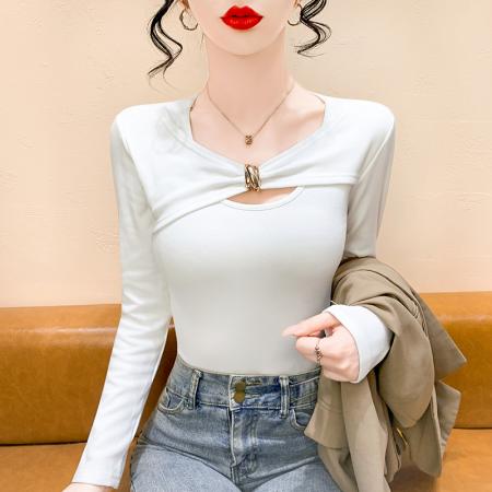 FA44985# 东大门秋季新款抓毛女装流光风金属扣扭结长袖T恤上衣 服裝批發女裝批發服飾貨源