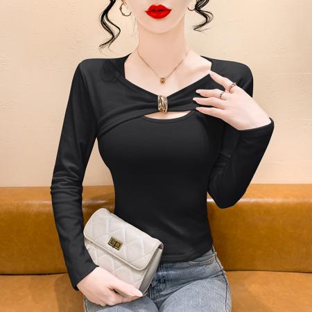 FA44985# 东大门秋季新款抓毛女装流光风金属扣扭结长袖T恤上衣 服裝批發女裝批發服飾貨源
