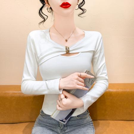 FA44985# 东大门秋季新款抓毛女装流光风金属扣扭结长袖T恤上衣 服裝批發女裝批發服飾貨源