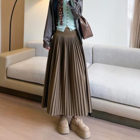 FA44998# 秋冬优质垂感多色毛呢百褶显瘦淑女通勤百搭半身长裙女 服裝批發女裝批發服飾貨源