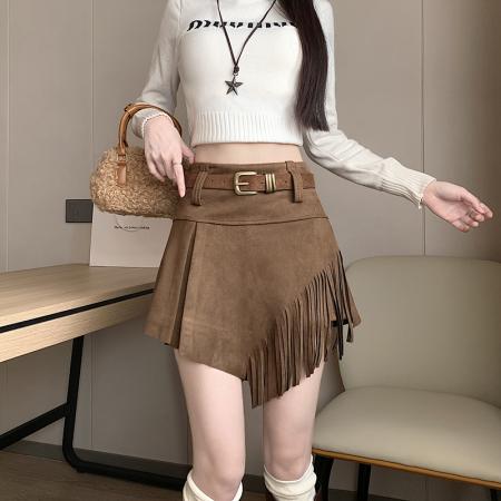 FA45000# 鹿皮绒短裙半身裙女秋冬新款高腰流苏拼接a字一步包臀裙 服裝批發女裝批發服飾貨源