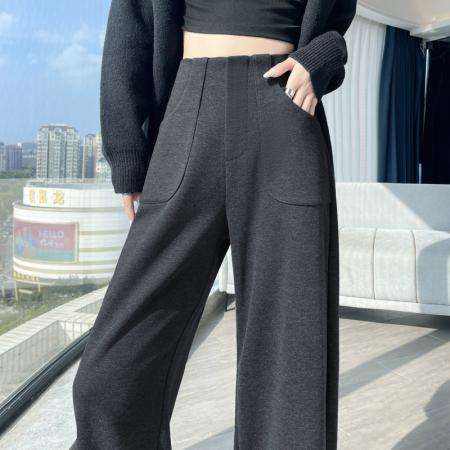 FA45003# 黑灰色窄版阔腿裤女秋冬加绒高腰垂感显瘦羊毛呢西装裤休闲直筒裤 服裝批發女裝批發服飾貨源