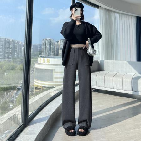 FA45003# 黑灰色窄版阔腿裤女秋冬加绒高腰垂感显瘦羊毛呢西装裤休闲直筒裤 服裝批發女裝批發服飾貨源
