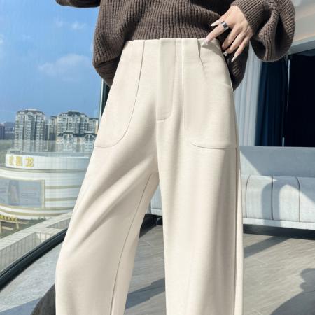 FA45003# 黑灰色窄版阔腿裤女秋冬加绒高腰垂感显瘦羊毛呢西装裤休闲直筒裤 服裝批發女裝批發服飾貨源