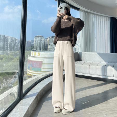 FA45003# 黑灰色窄版阔腿裤女秋冬加绒高腰垂感显瘦羊毛呢西装裤休闲直筒裤 服裝批發女裝批發服飾貨源