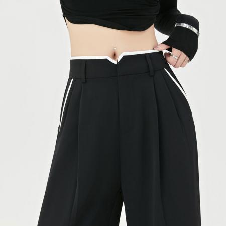 FA45004# 秋季新款阔腿裤女拼接撞色设计感宽松休闲长裤子小个子 服裝批發女裝批發服飾貨源