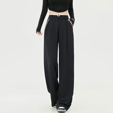 FA45004# 秋季新款阔腿裤女拼接撞色设计感宽松休闲长裤子小个子 服裝批發女裝批發服飾貨源