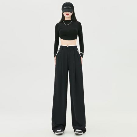 FA45004# 秋季新款阔腿裤女拼接撞色设计感宽松休闲长裤子小个子 服裝批發女裝批發服飾貨源