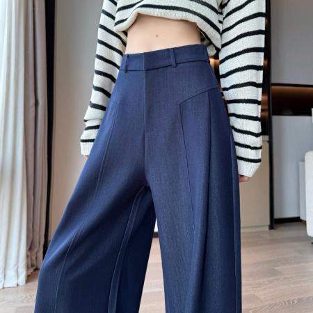 FA45005# 藏青色老钱风仿牛仔阔腿裤子女秋季高腰慵懒垂感休闲直筒拖地长裤 服裝批發女裝批發服飾貨源