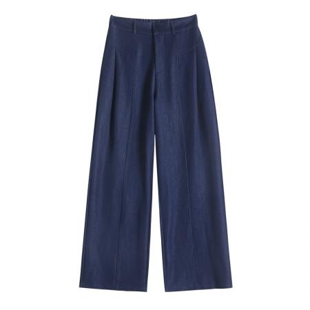 FA45005# 藏青色老钱风仿牛仔阔腿裤子女秋季高腰慵懒垂感休闲直筒拖地长裤 服裝批發女裝批發服飾貨源