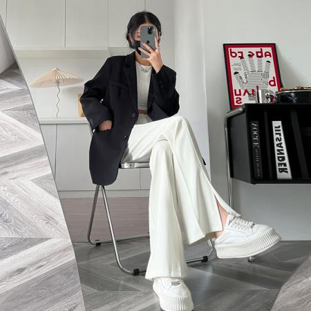 FA45007# 春夏新款高腰垂感直筒拖地开叉微喇叭阔腿西装裤女 服裝批發女裝批發服飾貨源