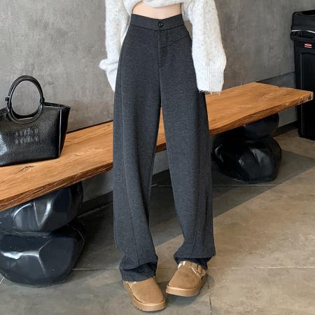 FA45008# 黑灰色窄版阔腿裤女秋冬加绒高腰垂感显瘦羊毛呢西装裤休闲直筒裤 服裝批發女裝批發服飾貨源