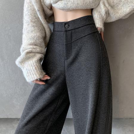 FA45008# 黑灰色窄版阔腿裤女秋冬加绒高腰垂感显瘦羊毛呢西装裤休闲直筒裤 服裝批發女裝批發服飾貨源