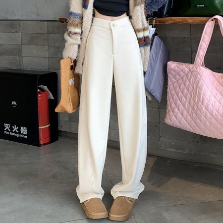 FA45008# 黑灰色窄版阔腿裤女秋冬加绒高腰垂感显瘦羊毛呢西装裤休闲直筒裤 服裝批發女裝批發服飾貨源