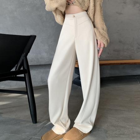 FA45008# 黑灰色窄版阔腿裤女秋冬加绒高腰垂感显瘦羊毛呢西装裤休闲直筒裤 服裝批發女裝批發服飾貨源