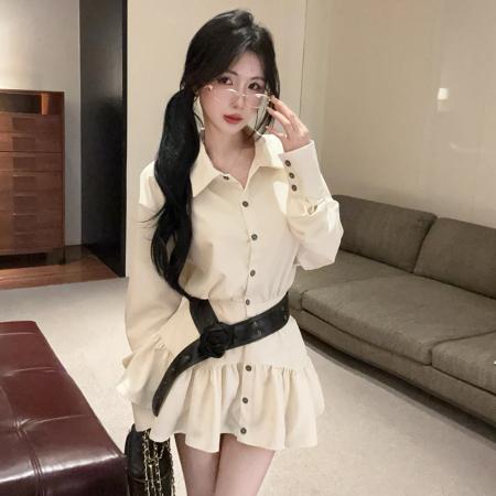 FA45016# 温柔风气质白色长袖衬衫连衣裙子女早初秋季新款不规则短裙 服裝批發女裝批發服飾貨源