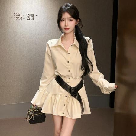 FA45016# 温柔风气质白色长袖衬衫连衣裙子女早初秋季新款不规则短裙 服裝批發女裝批發服飾貨源
