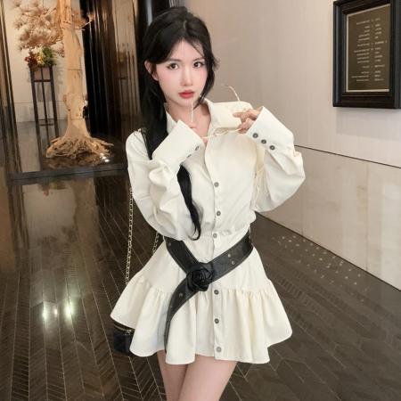 FA45016# 温柔风气质白色长袖衬衫连衣裙子女早初秋季新款不规则短裙 服裝批發女裝批發服飾貨源
