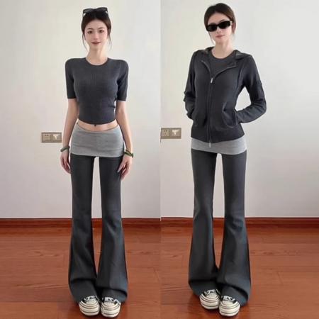 FA45019# 黑色拼接微喇叭裤女秋季新款设计感修身显瘦小个子撞色休闲裤 服裝批發女裝批發服飾貨源