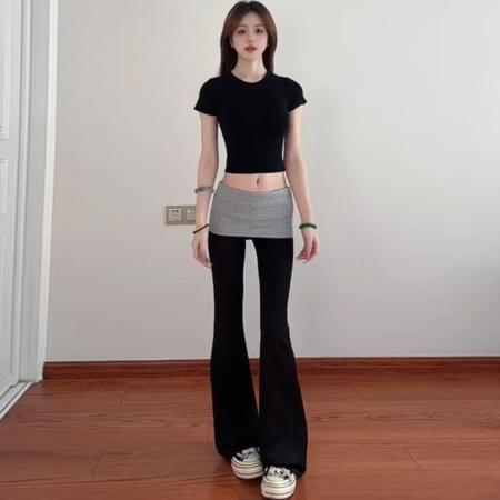 FA45019# 黑色拼接微喇叭裤女秋季新款设计感修身显瘦小个子撞色休闲裤 服裝批發女裝批發服飾貨源