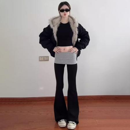 FA45019# 黑色拼接微喇叭裤女秋季新款设计感修身显瘦小个子撞色休闲裤 服裝批發女裝批發服飾貨源