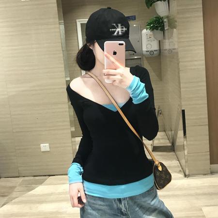 FA45020# 美式辣妹假两件长袖t恤女新款收腰修身撞色拼接打底衫上衣 服裝批發女裝批發服飾貨源