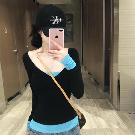 FA45020# 美式辣妹假两件长袖t恤女新款收腰修身撞色拼接打底衫上衣 服裝批發女裝批發服飾貨源