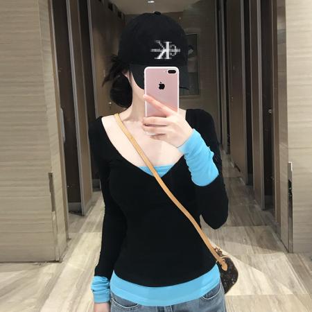 FA45020# 美式辣妹假两件长袖t恤女新款收腰修身撞色拼接打底衫上衣 服裝批發女裝批發服飾貨源