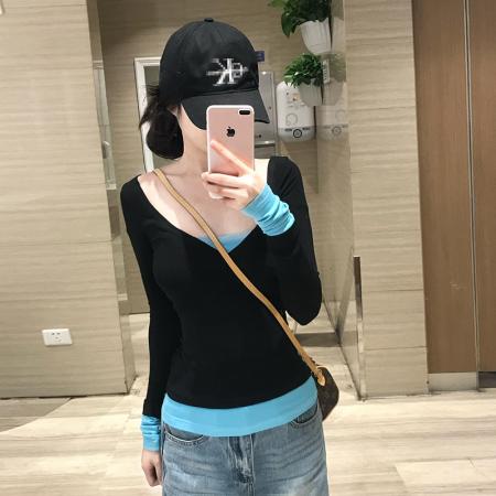 FA45020# 美式辣妹假两件长袖t恤女新款收腰修身撞色拼接打底衫上衣 服裝批發女裝批發服飾貨源