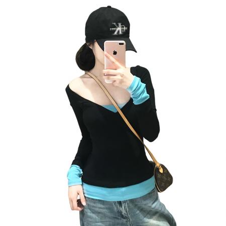 FA45020# 美式辣妹假两件长袖t恤女新款收腰修身撞色拼接打底衫上衣 服裝批發女裝批發服飾貨源