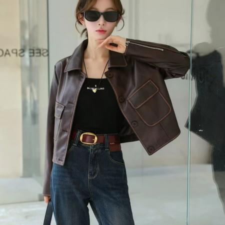 FA45023# 新款复古扎染皮衣外套女立领机车服小个子夹克短款上衣潮 服裝批發女裝批發服飾貨源