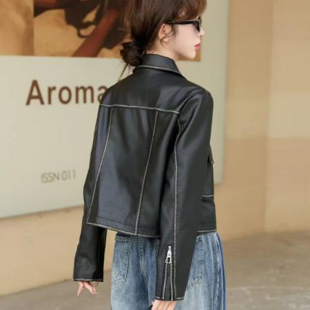 FA45023# 新款复古扎染皮衣外套女立领机车服小个子夹克短款上衣潮 服裝批發女裝批發服飾貨源