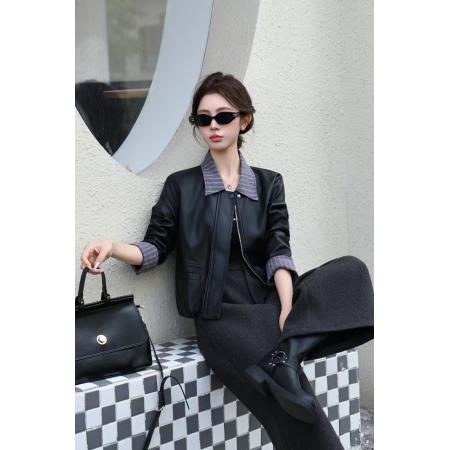 FA45025# 新款拼接设计短款皮外套秋冬洋气条纹拼接百搭气质皮上衣 服裝批發女裝批發服飾貨源