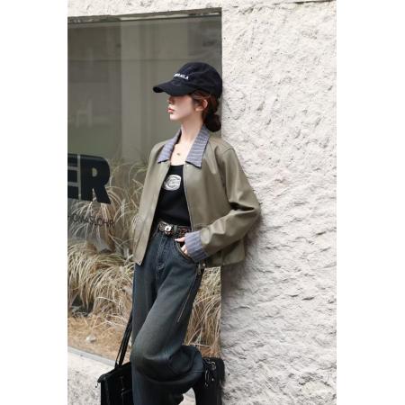 FA45025# 新款拼接设计短款皮外套秋冬洋气条纹拼接百搭气质皮上衣 服裝批發女裝批發服飾貨源