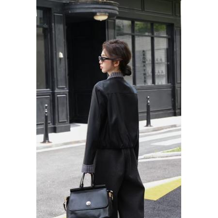 FA45025# 新款拼接设计短款皮外套秋冬洋气条纹拼接百搭气质皮上衣 服裝批發女裝批發服飾貨源