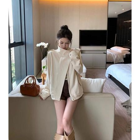 FA45026# titi小姐姐白巧恋人麂皮外套女秋米白色设计感机车风宽松夹克 服裝批發女裝批發服飾貨源